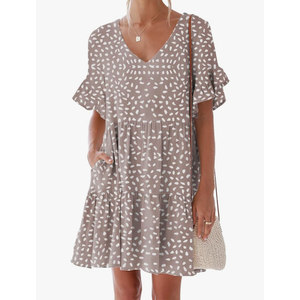 Nclook Womens Summer Casual Dresses Sweet Cute V Neck Mini Dress with Pockets Ruffle Short Sleeve, Size XL