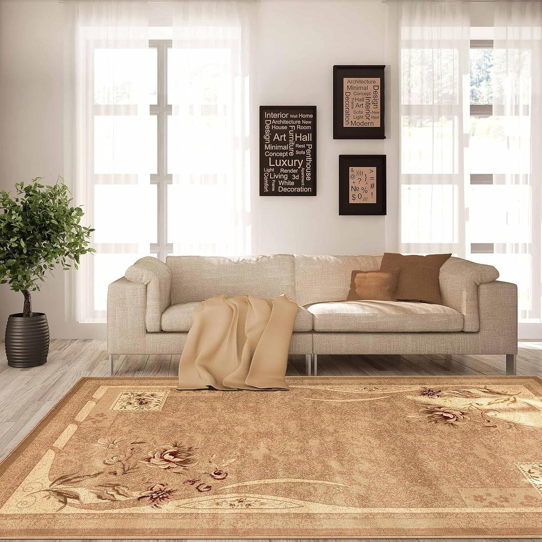 Superior Indoor Area Rug, Jute Backing, Modern Plush Rugs for Entryway, Living Room, Kitchen Floors, Bedroom, Hallway, Farmhouse Floral Rugs, Ruban Collection, 7' x 9', Brown