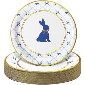 Qinyoung 50 Pcs Easter Bunny Disposable Plates 9 Inch Blue Rabbit Paper Plates Retro Gold Round Bunny and Bow Easter Dinnerware for Spring Baby Shower Birthday Party Table Supplies