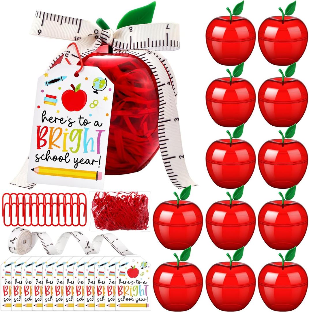 12 Sets Back to School Gifts Plastic Apple Container for Students, First Day of School Large Apple Shaped Candy Jars Boxes, Classroom Welcome Party Favor Treat Box Bulk (Red)