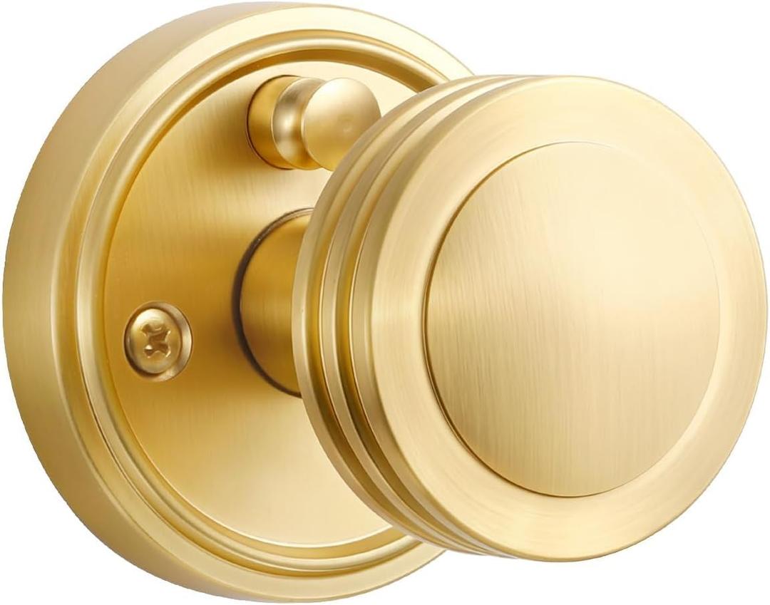 SORWDUERM 4 Pack Gold Door Knob Privacy Door Knobs Satin Brass Door Handle Interior Brushed Gold Door Knobs with Lock for Bedroom and Bathroom Zinc Alloy