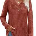 SAMPEEL Sweaters for Women Long Sleeve Shirts V Neck Tops with Buttons Fall Fashion Outfits Winter Clothing 2025 (Brown, L)