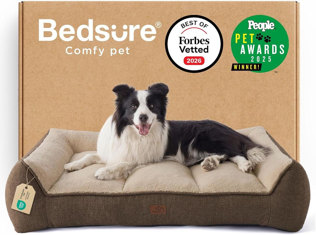 Bedsure SupportMax Orthopedic Dog Beds Large Sized Dog - Extra Thick Supportive Large Dogs Bed with Waterproof Washable Cover, L Plus Comfort Pet Sofa with Soft Sherpa and Nonskid Bottom, Brown, 38"