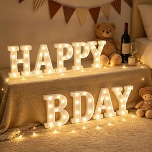 Happy Birthday Marquee Light Up Letters, Warm White LED Marquee Letters Lights for Birthday Home Table Decor, LED Letter Lights Sign for HB Anniversary Party Decoration, Battery Operated