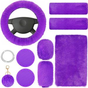Frienda 10 Pcs Fluffy Car Steering Wheel Covers Handbrake and Gear Shift Cover Seat Belt Shoulder Pads Diamond Mat Ignition Ring Ball Key Chain Armrest Box Mat Car Accessories Set(Purple)