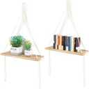 Macrame Hanging Shelves Boho Wall Decor Set of 2 Rustic Wood Floating Storage Shelf for Bedroom Bathroom Living Room Nursery Dorm Room, Display Shelving for Hanging Plants Photos,2 Pack, White