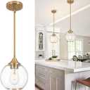 Pendant Lights Kitchen Island,Farmhouse Gold Pendant Light With Clear Glass Globe Shade,7" Glass Pendant Light for Brushed Bronze Finish Farmhouse Entryway Dining Room Kitchen Island 1 Light