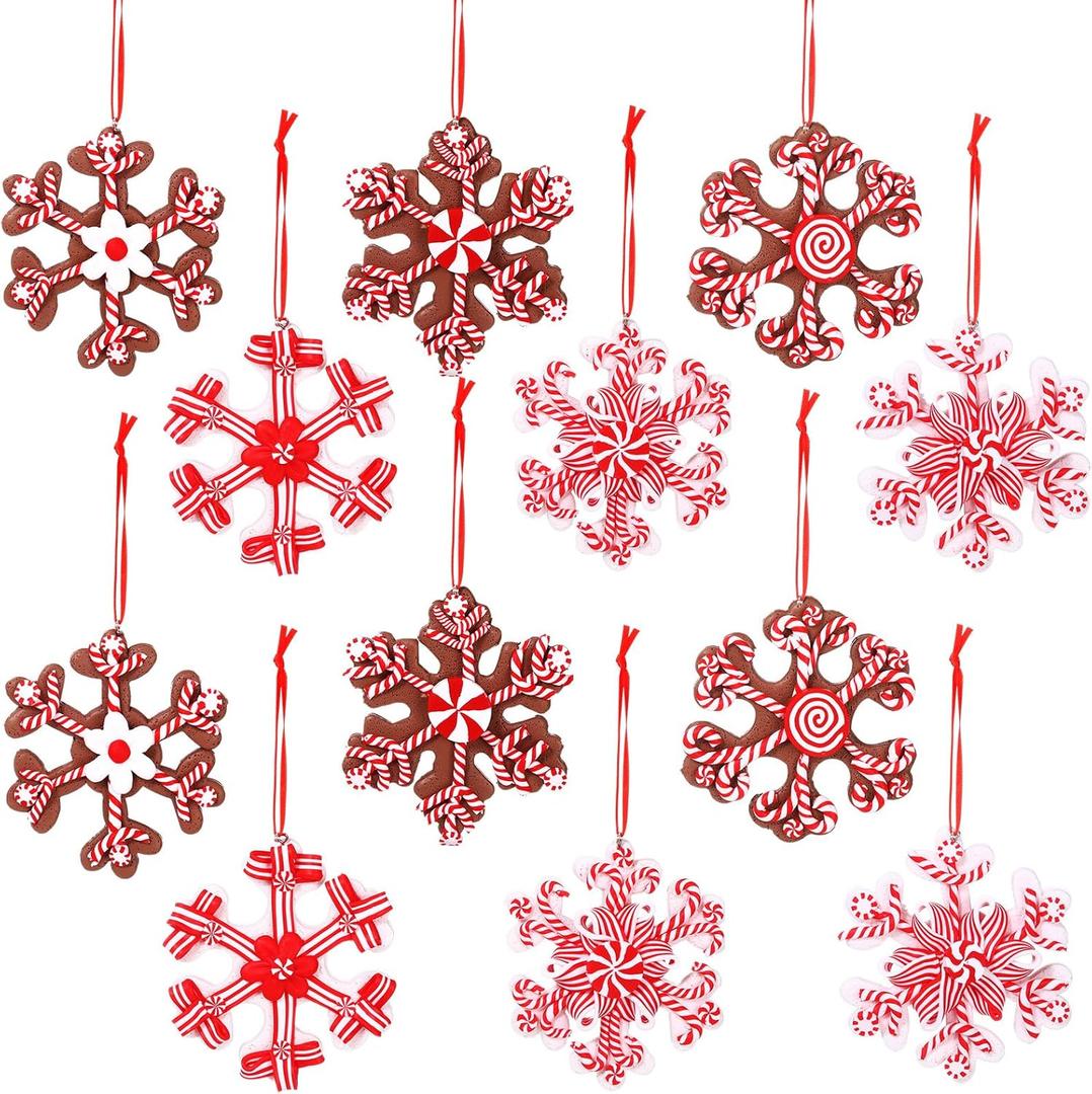Barydat 24 Pcs 4 Inch Christmas Snowflake Ornaments Assorted Polymer Clay Ornaments Colorful Christmas Tree Decorations with Gingerbread Candy Cane Striped Peppermint Flower Xmas Home Decor (Sweet)