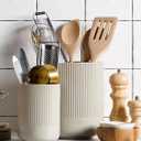LE TAUCI Utensil Holder for Kitchen Counter, 7.3"+5.4" Fluted Ceramic Utensil Crock Organizer for Countertop, Heavy Large Holder for Spatulas, Spoons, Set of 2, Oatmeal Greige