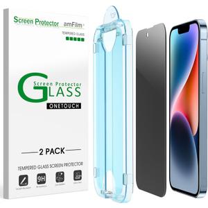 amFilm Auto-Alignment OneTouch for iPhone 16e/14/13/13 Pro [6.1''] privacy Screen Protector,Tempered Glass, 30 seconds Installation, Bubble Free, Case Friendly, Anti-Scratch [2Pack]