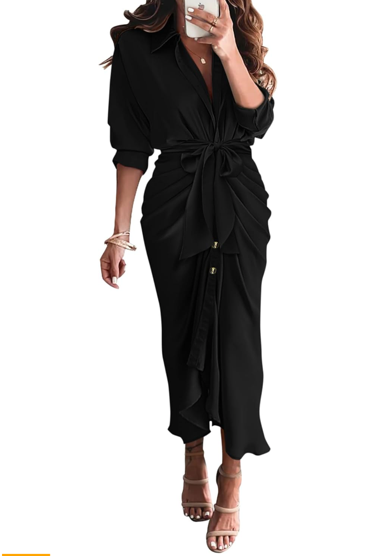 BTFBM Women Long Sleeve Satin Dress 2025 Summer Spring Lapel V Neck Button Down Elegant Belted Ruched Maxi Shirt Dresses, XL