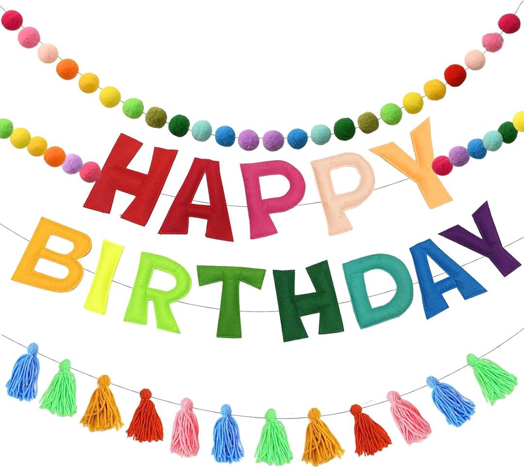 Pre-Strung Happy Birthday Banner Felt Ball Garland Reusable Happy Birthday Garland Pom Pom Party Decor Colorful Thread Tassel Rainbow Party Decorations for Girls Boys Women Men