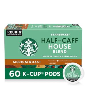 Starbucks K-Cup Coffee Pods, Medium Roast Hot or Iced Coffee, Half-Caff House Blend, 60 Keurig Pods (EXP 02/25/27)