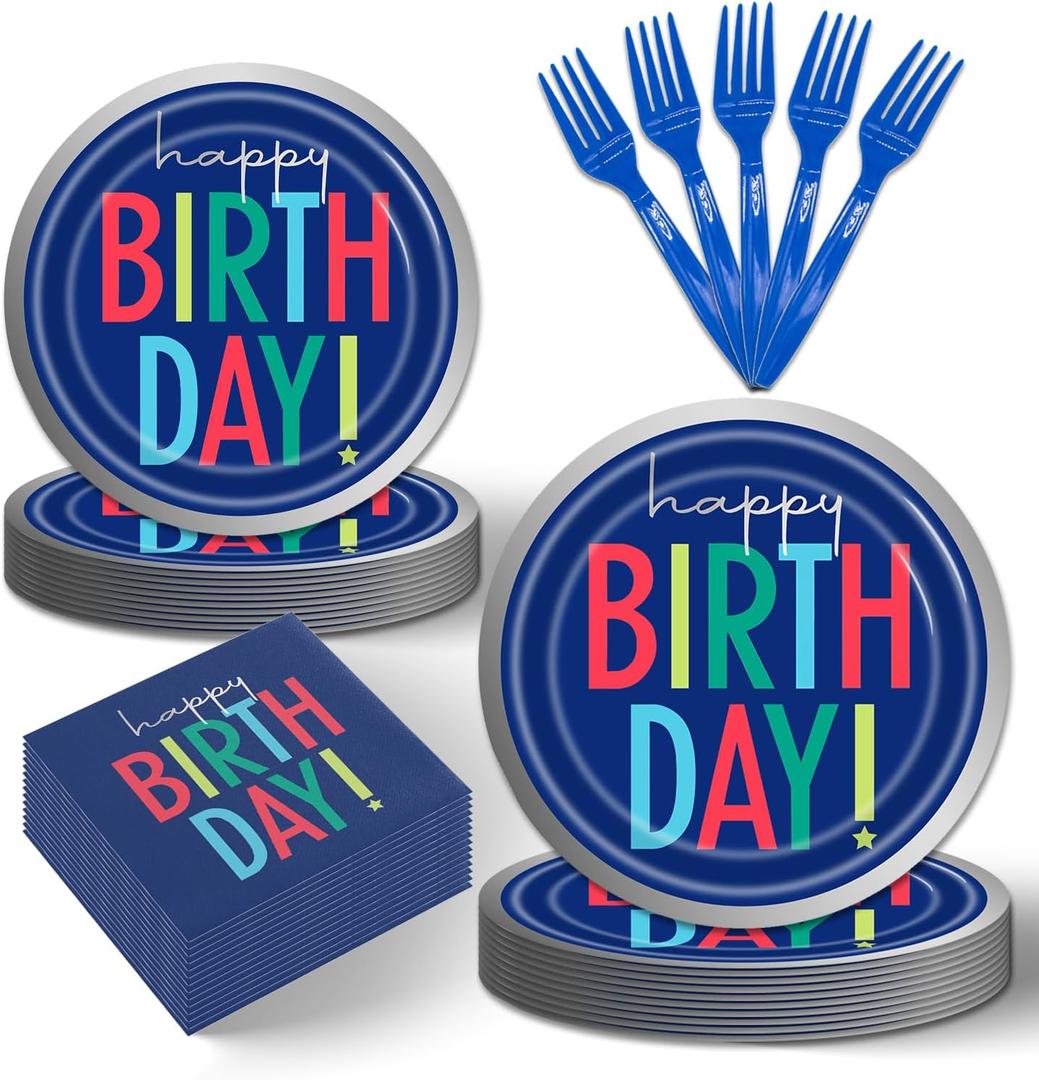 96Pcs Blue Party Decorations for Men Blue Birthday Paper Plates Napkins and Forks Happy Birthday Party Supplies