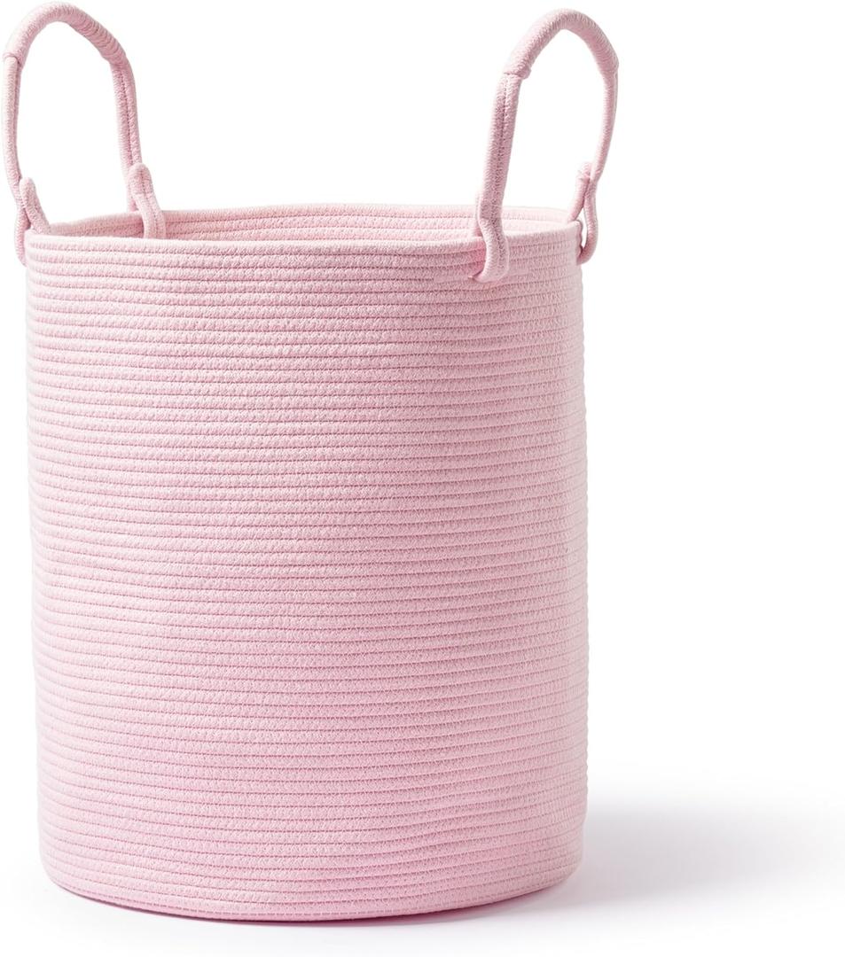 Laundry Basket – Laundry Hamper for Clothes, Blankets, Yoga Mat – Woven Cotton Rope Basket for Living Room, Nursery Room – Boho Style – 16”D x 22”H – Light Pink