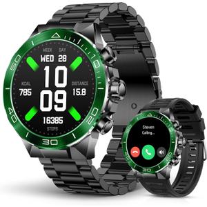 SOUYIE Men's Luxury Smart Watch - 1.43" AMOLED Display Smartwatch with HD Bluetooth Calling, 400mAh 30-Day Battery, 100+ Sports Modes, Health Monitor with Metal/Silicone Straps for Android iPhone (Black+ Green)