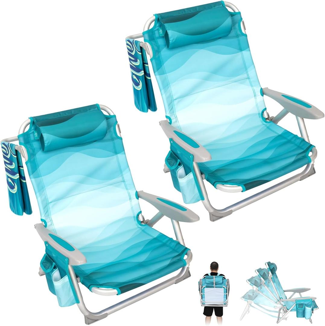 #WEJOY Beach Chair for Adults, Reclining Adjustable Position,Lay Flat Lightweight Folding Portable Aluminum Chair with Backpack Straps,Padded headrest, Heavy Duty 400 lbs Lawn Chair for Beach, 2 Pack