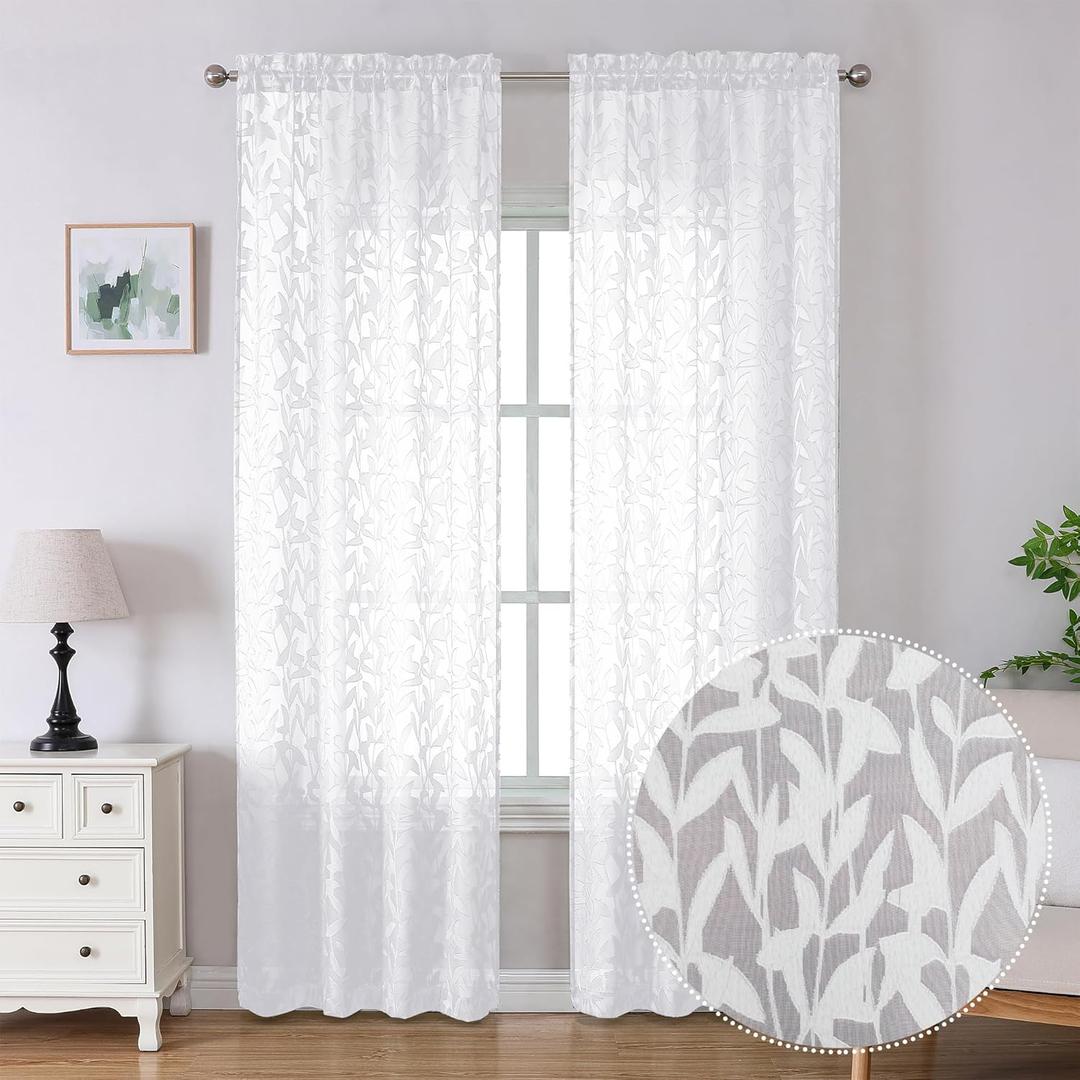 Lecloud Leia Bedroom White Sheer Curtains 96 Inches Long 2 Panels, Burnout Texture Patio Door/French Door Curtain Dual Rod Pockets, Farmhouse Leaves Living Room Drapes Window Treatment, 38W x 96L