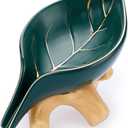 JUXYES Ceramic Soap Dish Holder Self Draining, Unique Waterfall Soap Dish Leaf Shape Decorative Soap Dish Tray Tabletop Drainable Soap Saver Bathtub Waterfall Soap Dish Holder for Bathroom Shower (Green)