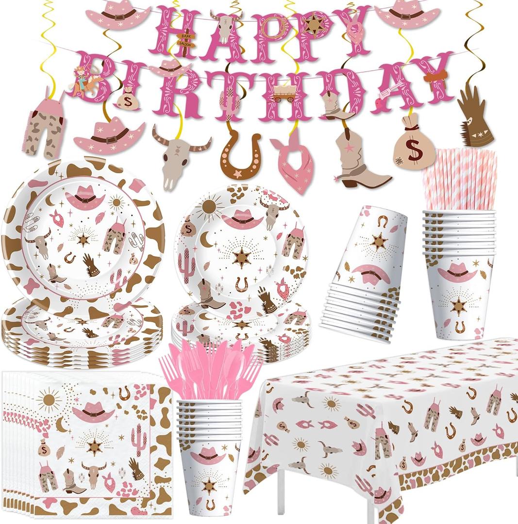 Western Cowgirl Party Decorations for Birthday Baby Shower, Wild West Pink Cowgirl Birthday Party Supplies, Paper Plate, Napkin, Cup, Tablecloth, Banner, Swirls, Cutlery, 24 Guests