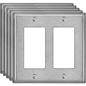 [5 Pack] BESTTEN 2 Gang Decor Metal Wall Plate with Plastic Film, Decorator Stainless Steel Outlet Cover, Durable Corrosion Resistant Industrial Grade Material, H4.53” x W4.57”, Brushed Finish, Silver