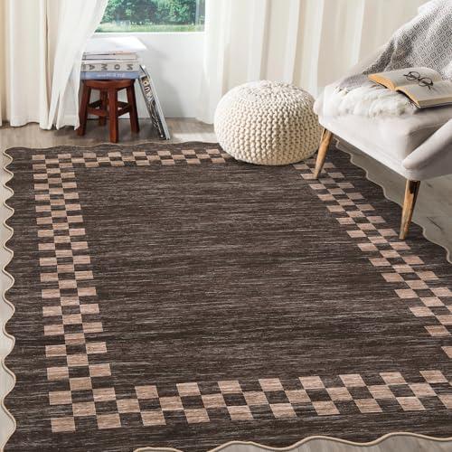 GarveeHome 5x7 Area Rug for Living Room Scalloped Washable Large Bedroom Rug Non Slip Stain Resistant Modern Border Dining Room Throw Carpet Scalloped Boho Rug for Home Decor Office Nursery, Brown