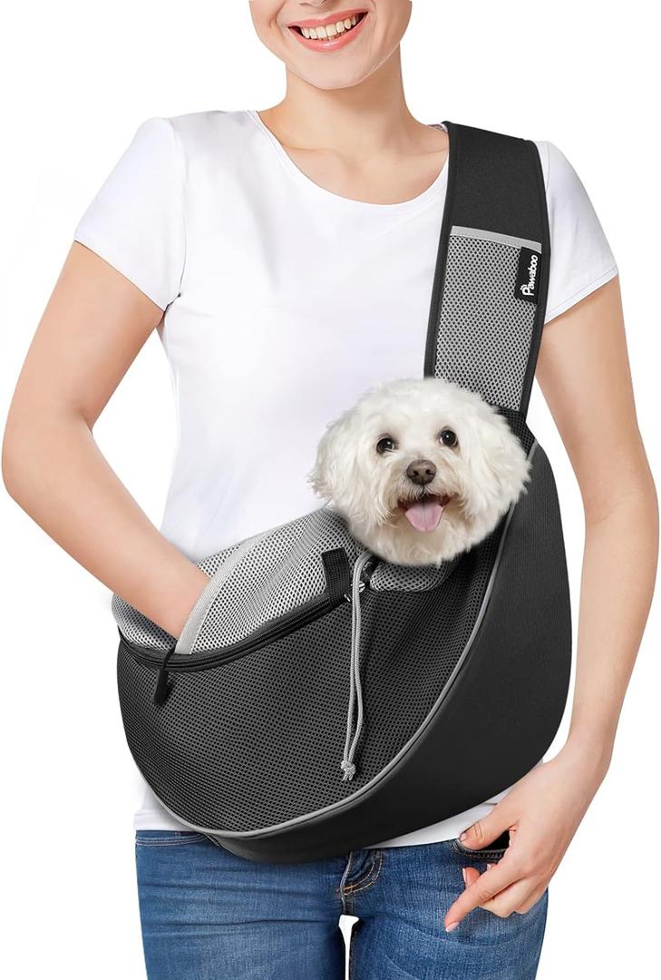 Pawaboo Dog Sling Carrier, Dog Papoose with Zipper Touch Pocket, Hand Free Breathable Mesh Puppy Carrier, Crossbody Satchel Dog Purse with Adjustable Strap for Outdoor Travel, Black, Large (Black-Pocket Ver.)