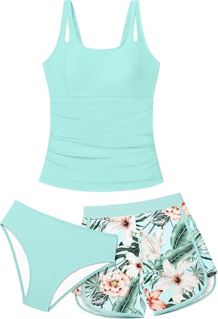 Girls Tankini Swimsuit 3 Piece Bathing Suits for Girl Square Collar Tankinis Set Girls' Swimwear with Print Shorts (13-14 Years, Light Blue)