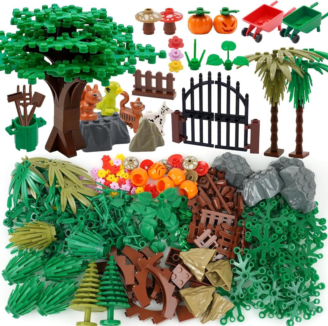 Pamvava Plants Flowers Building Blocks Accessories, Tree Botanical Parts and Pieces Set, Garden Forest Jungle Farm Park Bricks Toys with Animals