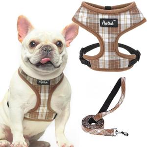 PUPTECK Soft Mesh Dog Harness and Leash Set Pet Puppy Cat Comfort Padded Vest No Pull Harnesses, Brown, L (L (NECK: 17", CHEST: 18.8"-24"))