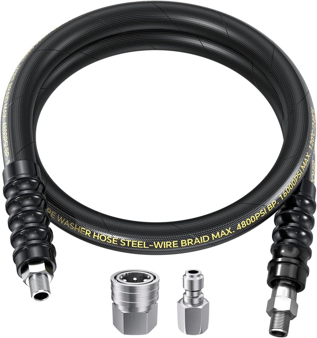 POHIR 4FT Pressure Washer Whip Hose 4800psi 3/8'' Steel Wire Braided with 3/8'' Quick Connect Plug, Reel Connector Jumper Hose for Pressure Washing (4800PSI, 4FT)