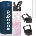 18 oz Insulated Water Bottle Stainless Steel Sport Bottles with 3 Lids,Marble Blossom