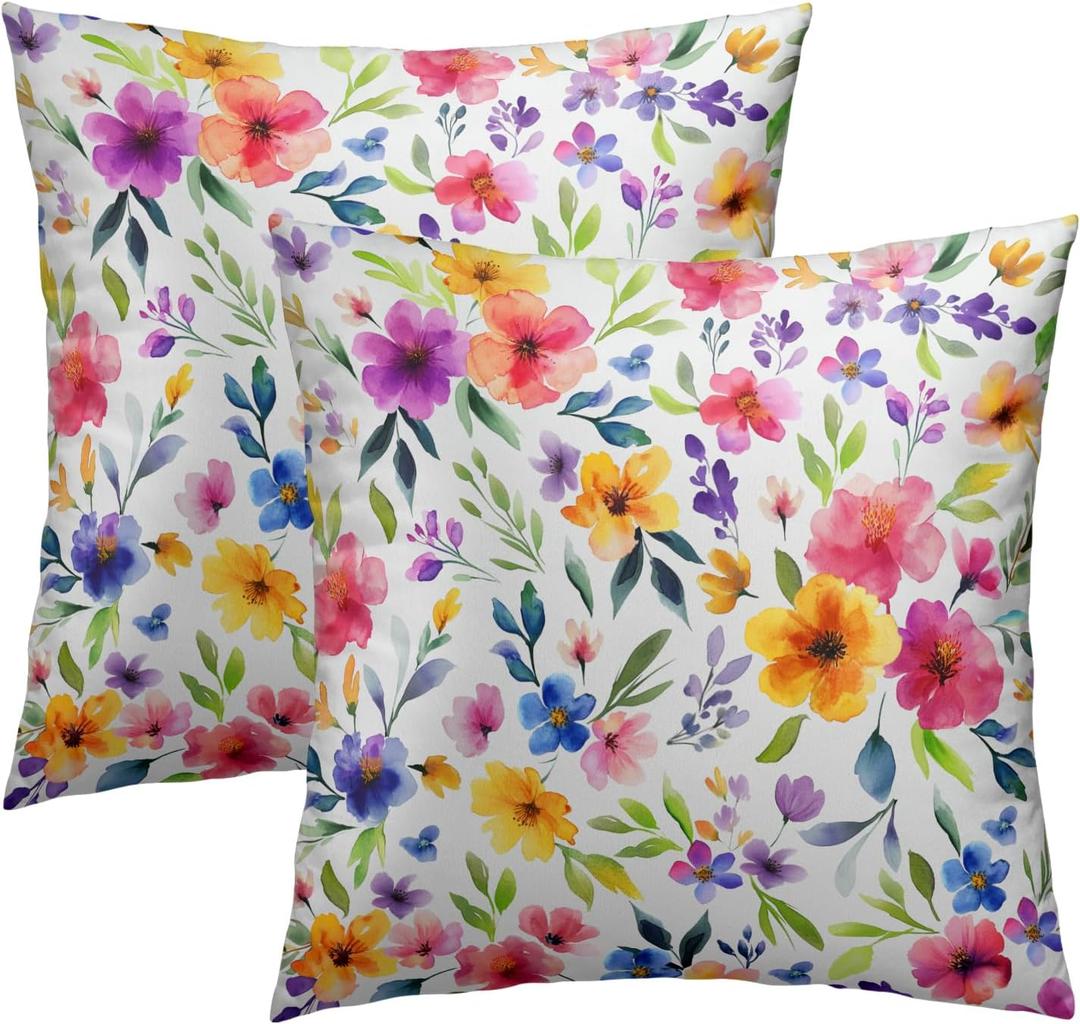 Watercolor Floral Throw Pillow Cover 18x18 Inch Pack of 2 Spring Farmhouse Cushion Pillow Case Square Pink and White Colorful Flowers Pillowcase for Spring Party Bed Sofa Home Car Bedroom Outdoor