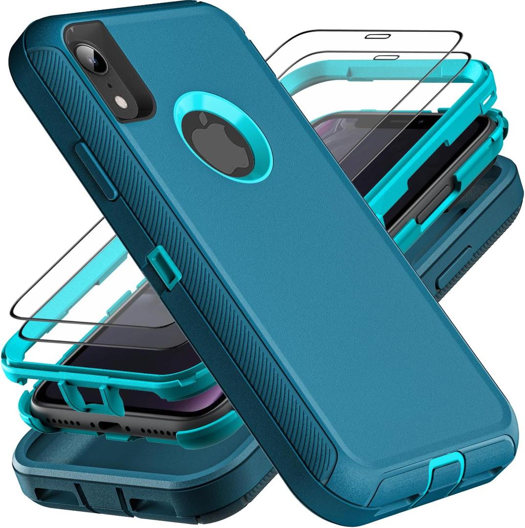 for iPhone XR Case, Military Grade 3 in 1 Heavy Duty Shockproof/Drop Proof/Dust Proof Case with 2Pcs Tempered Glass Screen Protector (Blue/Turquoise)