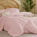 BEDELITE Queen Comforter Set 7 Pieces,Boho Bed in a Bag,Pink | Tufted Bed Set for All Seasons,Soft Farmhouse-Style Embroidery Bedding,Includes Flat & Fitted Sheets,2 Pillowcases & 2 Shams