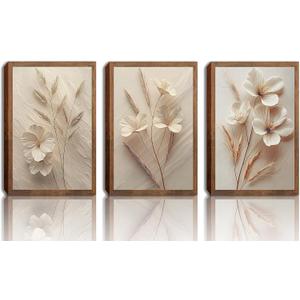 MQjopna Neutral Beige Floral Canvas Wall Art Set of 3, Modern Minimalist Texture Botanical Wall Decor, Vintage Flower Poster Prints for Living Room Bedroom Farmhouse Ready Home Decor 24x16in Framed