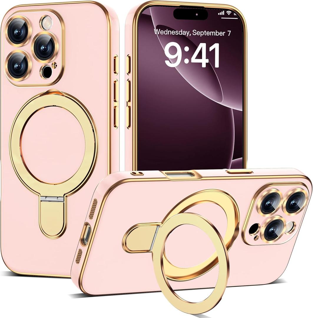 Compatible with iPhone 16 Pro Case with Magnetic Ring Stand [Compatible with Mag-Safe] [Full Camera Lens Protector] Soft Plating Phone Case for iPhone 16 Pro 6.3", Solid Pink