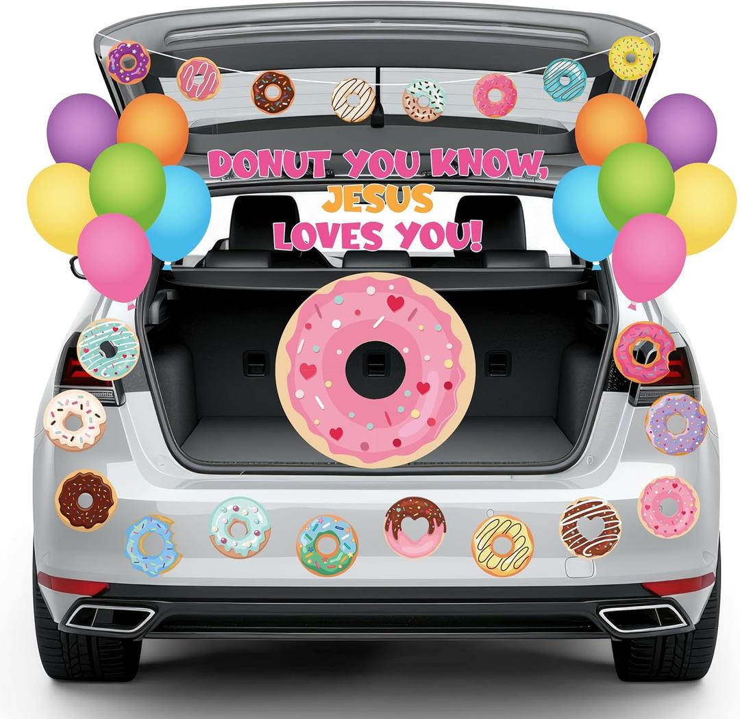K1tpde 53PCS Christmas Trunk or Treat Outdoor Car Decoration Kit with Donut You Know Jesus Loves You Cutout Balloons Backdrop for Car Archway Garage Door Indoor Decor Christmas Party Decorations