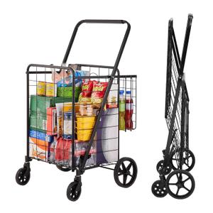 VEVOR Folding Shopping Cart, Jumbo Grocery Utility Cart with Double Baskets, 360 Swivel Wheels, 110 LBS Large Capacity Heavy Duty for Laundry, Shopping, Grocery, Luggage, Black