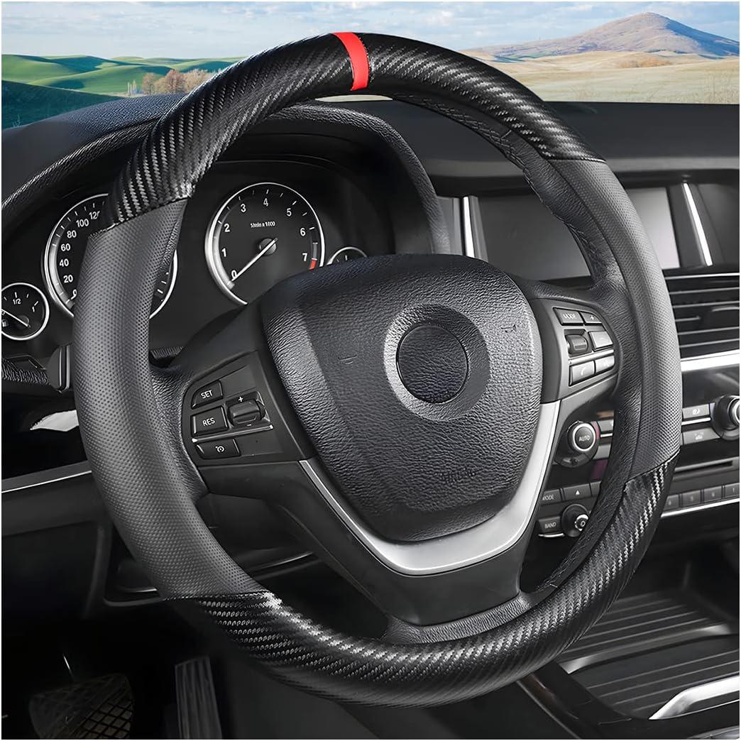 Moly Magnolia Carbon Fiber Steering Wheel Cover, Universal 15 inch Breathable Anti Slip, Black, Leather & Carbon Fiber, Truck & SUV, Automotive Steering Wheel Covers, Black