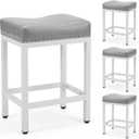 Sweetcrispy Bar Stools Set of 4, 24 Inch Counter Height Stools, PU Leather Upholstered Bar Chairs with Footrest, Modern Bar Stools for Kitchen Island, Dining, Living Room, Grey (White With Light Grey Cushion)