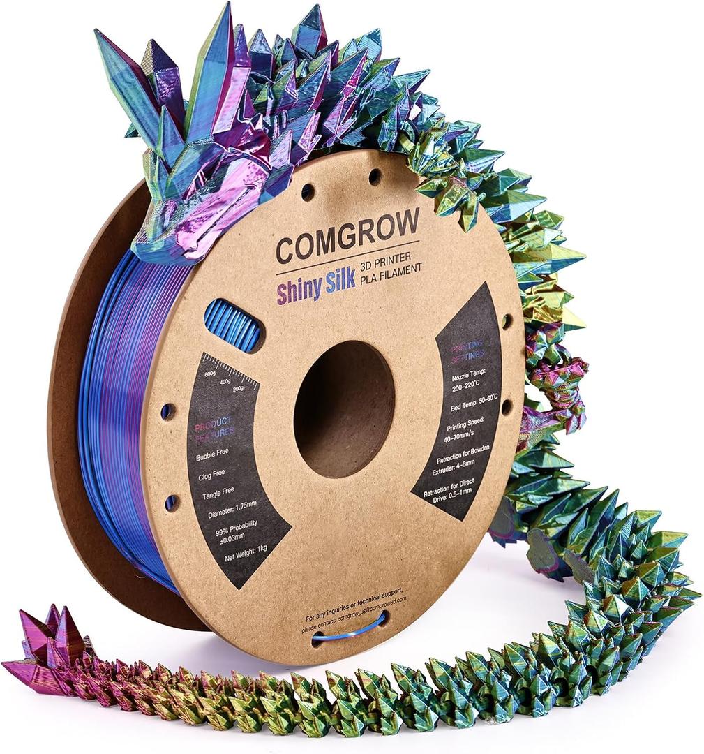 Comgrow Tri-Colors Silk PLA 3D Printer Filament, Rainbow PLA Filament 1.75mm, Dimensional Accuracy +/- 0.02 mm, 1KG Spool, Coextrusion 3D Filament with Shiny Silk Red-Blue-Yellow