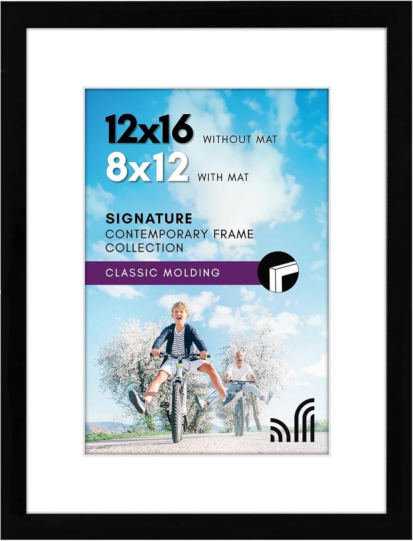 Americanflat 12x16 Picture Frame with Shatter-Resistant Glass - Use as 8x12 Frame with Mat or Display 12x16 Photo Without Mat - Signature Collection - Picture Frames for Wall Display - Black