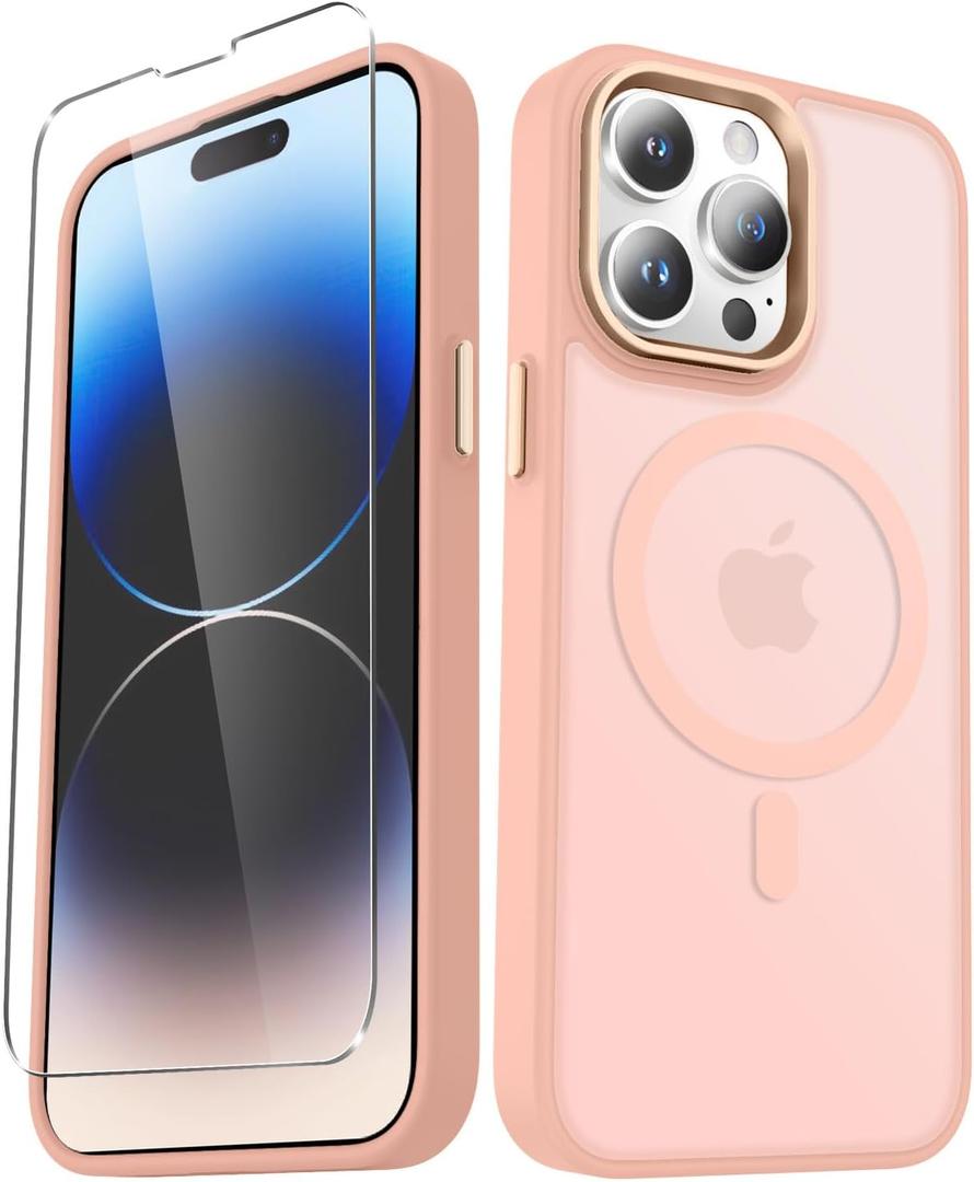 YENAPOON for iPhone 14 Pro Case, Matte Magnetic Phone Case with 1 Screen Protector, Support for Magsafe, Translucent Frosted Slim Shockproof Protective Cover for iPhone 14 Pro 6.1 inch, Pink