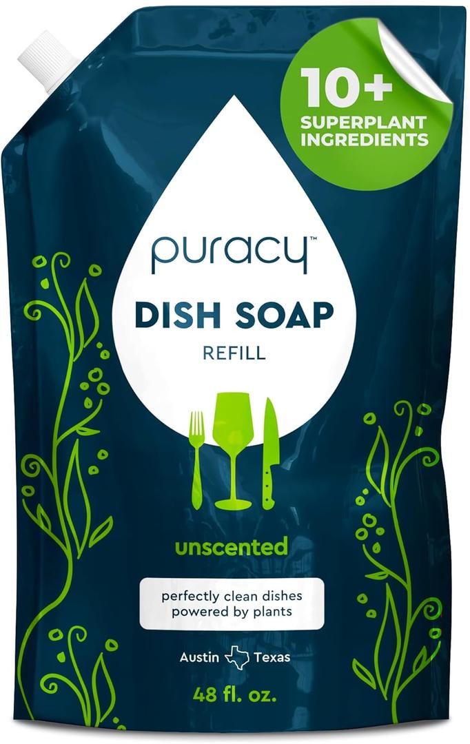 Puracy Natural Dish Soap Refill - Skin-Softening Plant-Based Liquid Dishwashing Detergent Soap, Clean-Rinsing Water-Sheeting Formula (Free & Clear, 48 fl oz)
