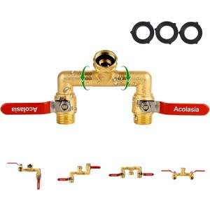 Hose Splitter 2 Way Heavy Duty Brass Garden Hose Splitter with 360 Rotatable, 304 Stainless Steel Long Handle Outdoor Full Flow Hose Splitter Connector, 3/4" GHT Thread