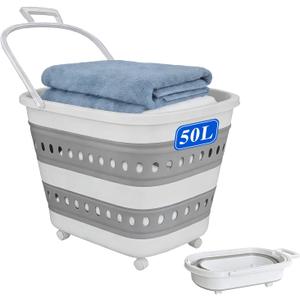 50L Collapsible Plastic Laundry Basket Hamper with Wheels, Foldable Laundry Basket with Handles, Pop Up Storage Container Organizer for Washing Storage