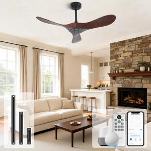Outdoor Ceiling Fan Without Light, 42Inch Smart Ceiling Fan with Remote & Voice Control for Alexa/Google, 3-Blade Wood Fan, Quiet DC Motor, 6 Speeds for Patio, Porch, Farmhouse, Dark Walnut