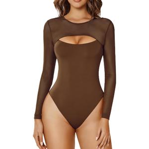 Avidlove Bodysuits for Women Round Neck Shapewear Bodysuit Long Sleeve Bodysuit Sexy Mesh Top Double Lined Cutout Shirt (Medium, Brown)