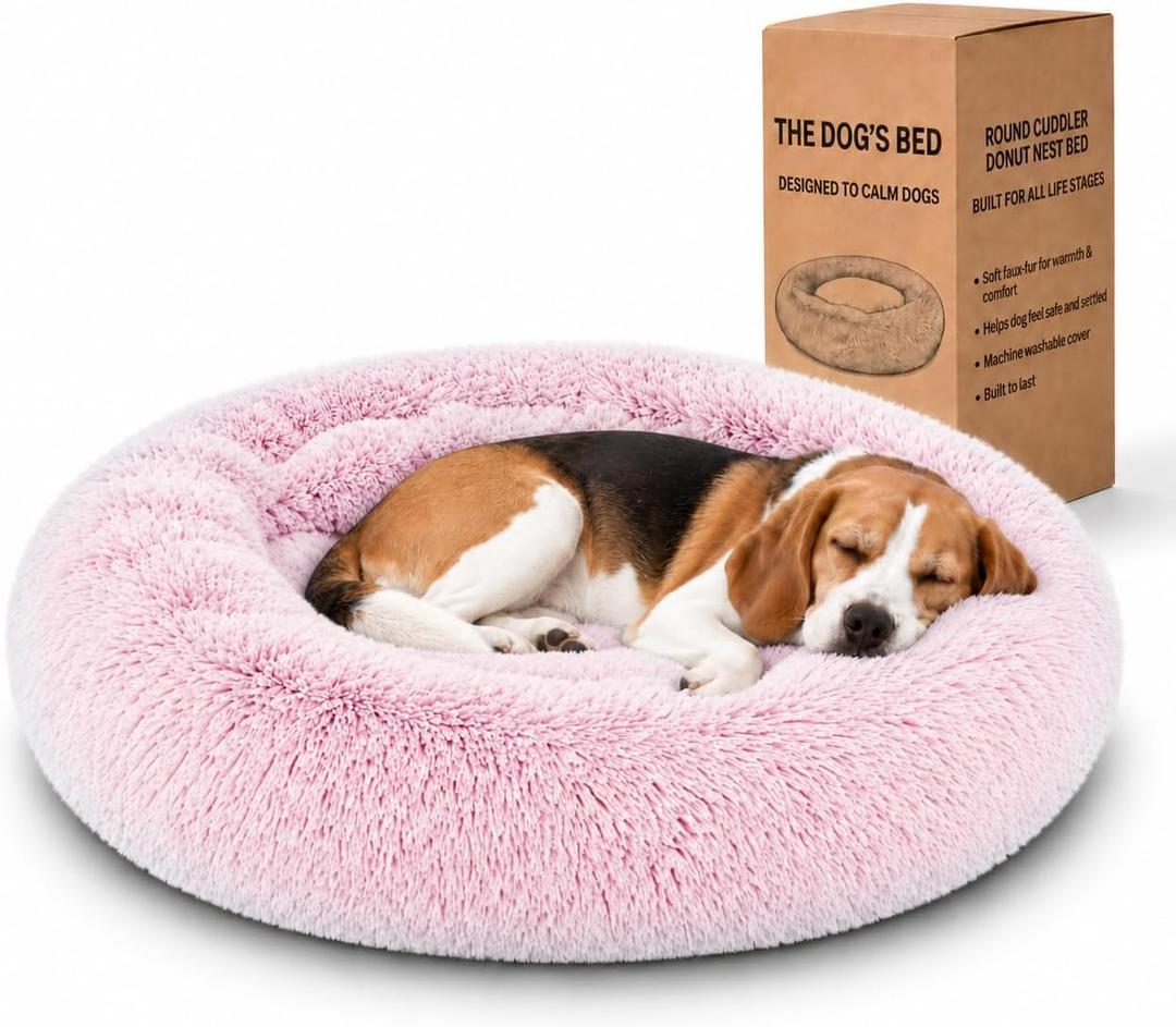 The Dog’s Bed Calming Donut Dog Bed, Machine Washable Removable Zip Cover, Medium (30") – with Removable Zip Cover, Pink